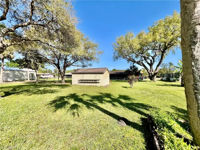 View of HALF ACRE backyard with shade trees.