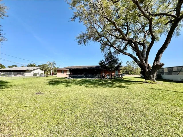 View of HALF ACRE backyard with shade trees.