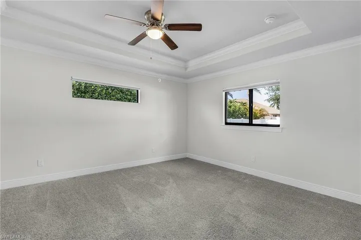 Carpeted spare room featuring ornamental molding, ceiling fan, and a raised ceiling