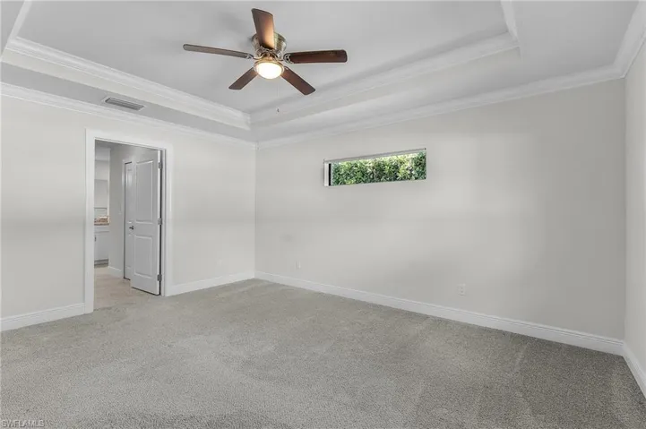 Carpeted spare room with ornamental molding, ceiling fan, and a raised ceiling