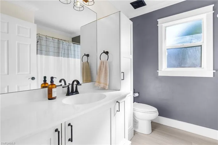Bathroom with hardwood / wood-style floors, vanity, ornamental molding, and toilet