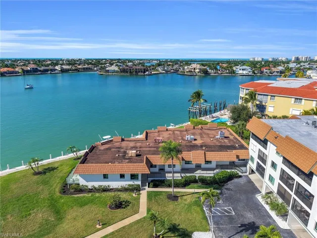Aerial view of a nearby body of water
