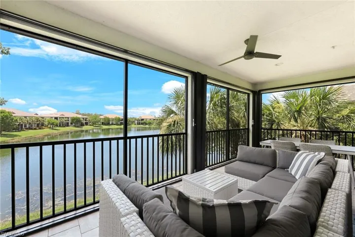 Spacious lanai with a lake view.