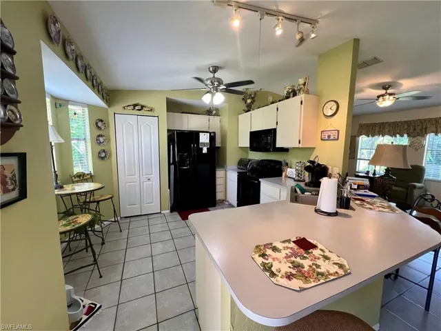 Kitchen featuring black appliances, plenty of natural light, ceiling fan, and rail lighting