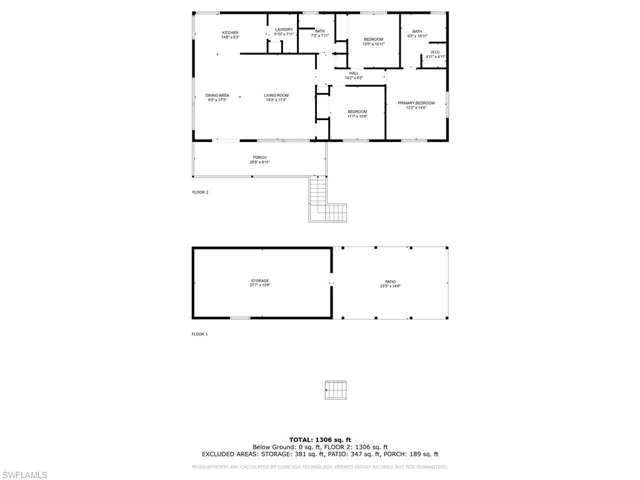 Floor Plan with dimensions - keep in mind there is additional undercover storage underneath the home behind and beside the workshop!