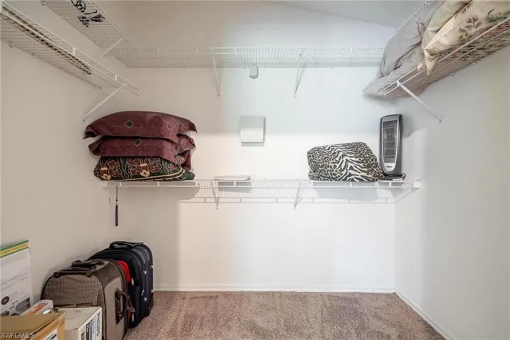 Spacious walk-in closet with light colored carpet