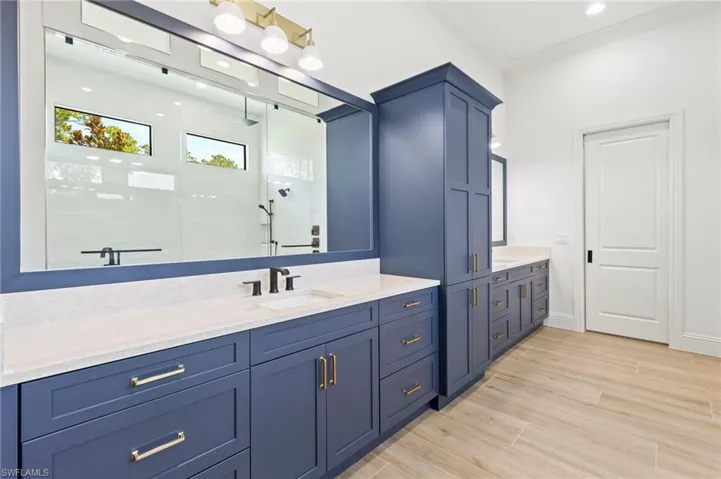 Bathroom with vanity, crown molding, walk in shower, and hardwood / wood-style floors