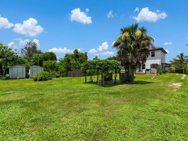 View of grassy yard with a storage unit