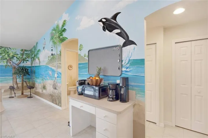 Convenient built-in desk provides additional counter space
