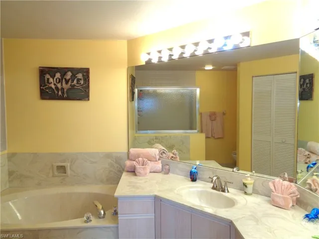 Full bath with a closet, vanity, a garden tub, and a shower with door