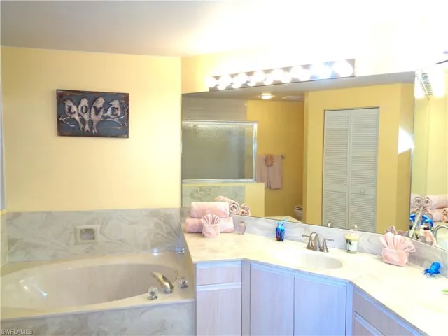 Bathroom featuring a closet, a garden tub, vanity, and a shower with shower door