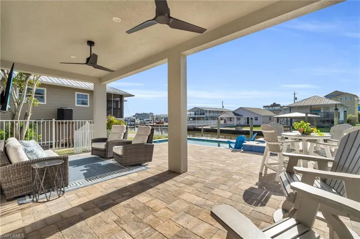 View of patio / terrace featuring a fenced in pool and ceiling fan