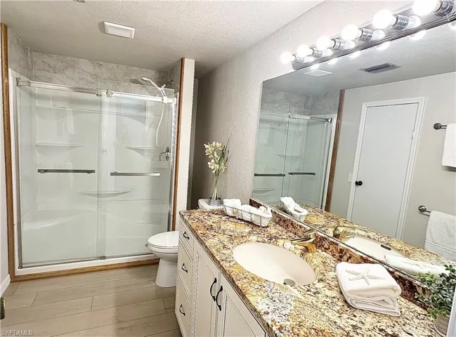 Bathroom featuring vanity, walk in shower, a textured ceiling, and toilet