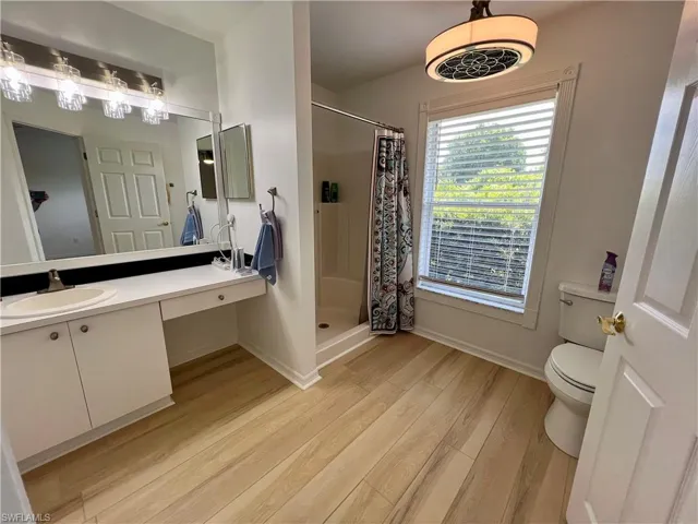 Master Bathroom featuring a shower with curtain, wood-type flooring, vanity, and toilet