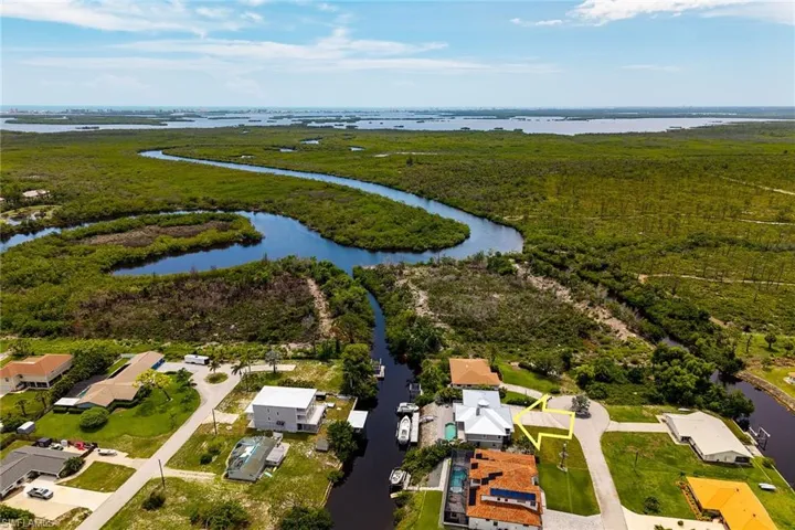 Aerial view of a nearby body of water