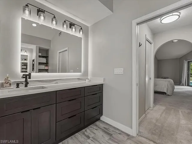 anti-fog mirrors and generous cabinets