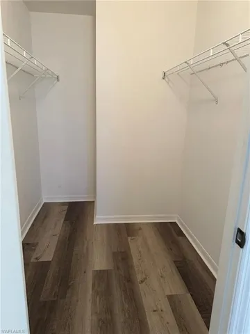 Walk in closet with dark wood finished floors