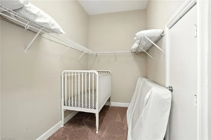 Spacious closet featuring dark colored carpet