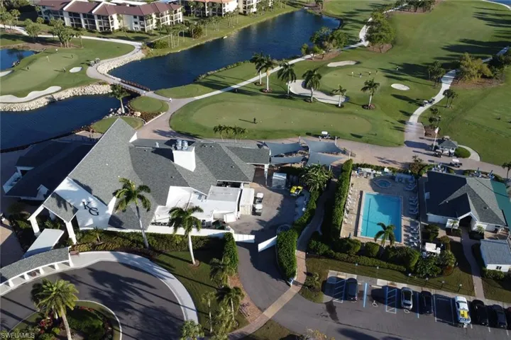 Aerial view of a nearby body of water and a golf course