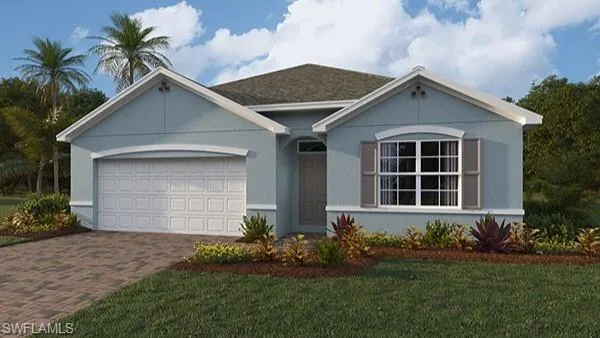 Ranch-style home with a garage, a shingled roof, a front yard, stucco siding, and decorative driveway