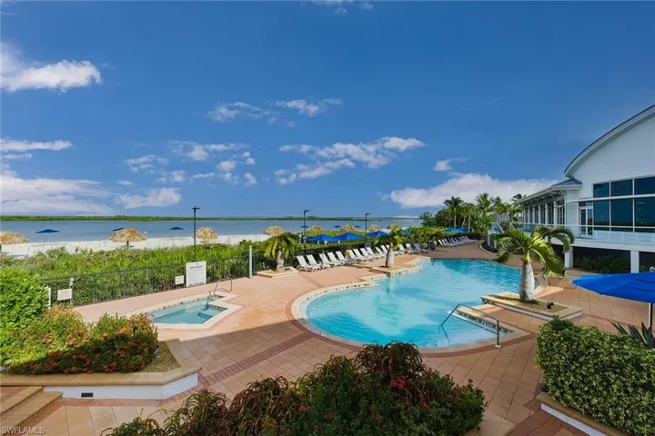 Community pool featuring a patio, a hot tub, and a water view