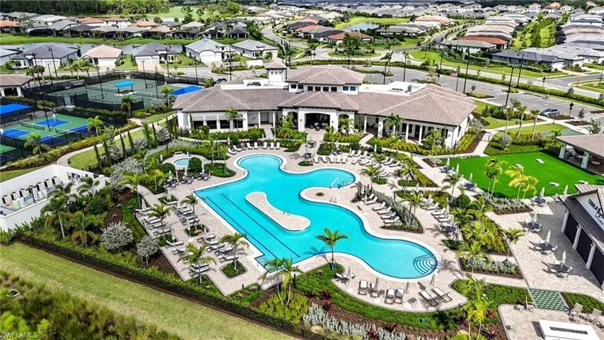 Aerial view of residential area with a pool