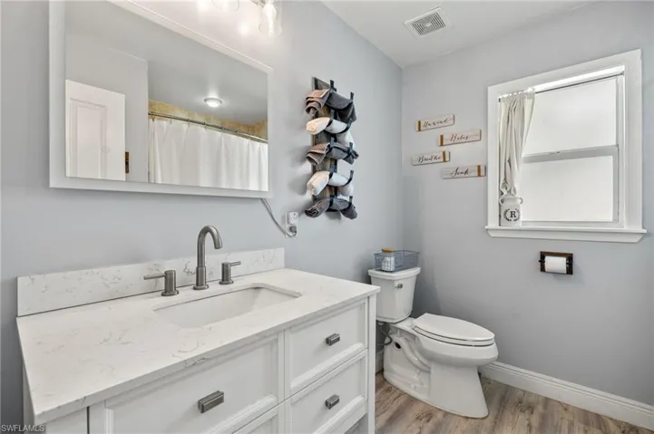Bathroom featuring vanity, toilet, baseboards, wood finished floors, and visible vents
