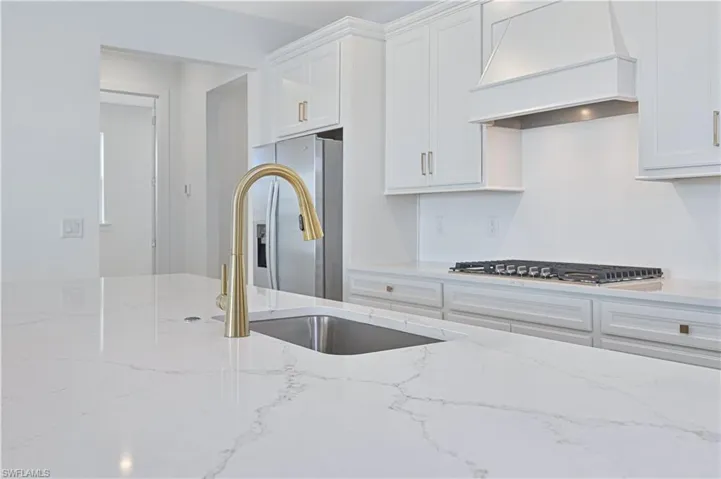 Kitchen with white cabinets, light stone counters, premium range hood, and stainless steel appliances