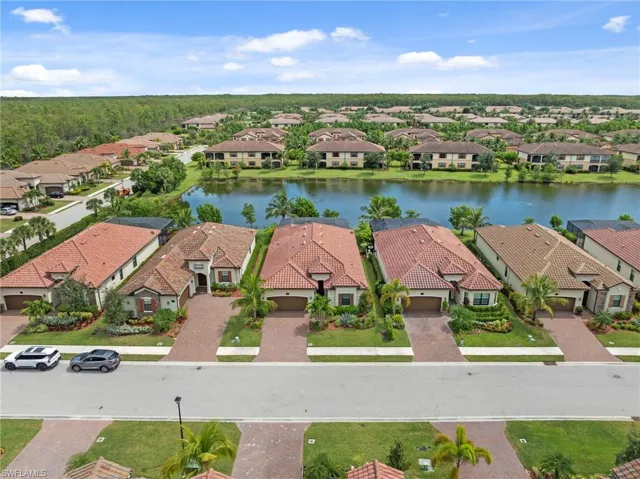 Aerial perspective of suburban area featuring a nearby body of water