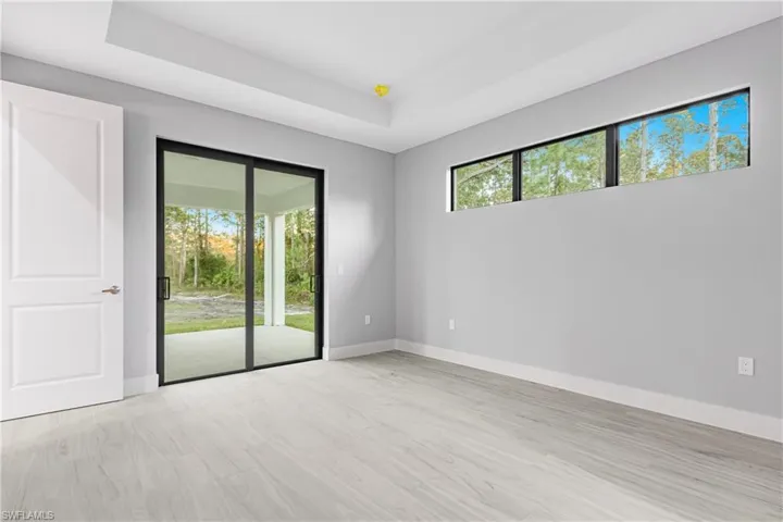 Empty room featuring a raised ceiling and light wood-type flooring
