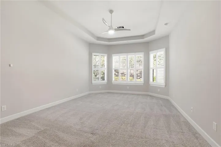Unfurnished room featuring light carpet, ceiling fan, and a raised ceiling