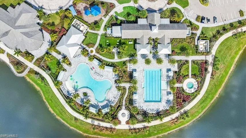Drone / aerial view of a pool area