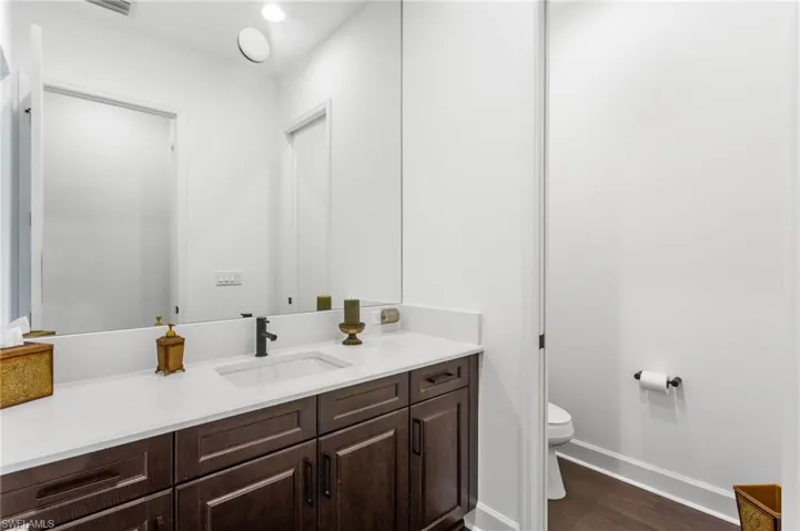 Bathroom featuring vanity and dark wood-style flooring