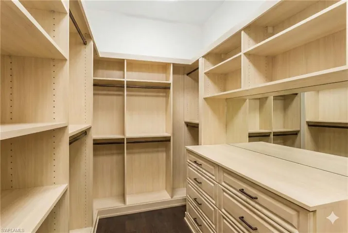 Walk in closet with dark wood-style flooring