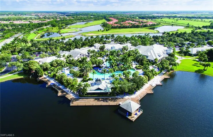 Aerial view of a large body of water and a golf course