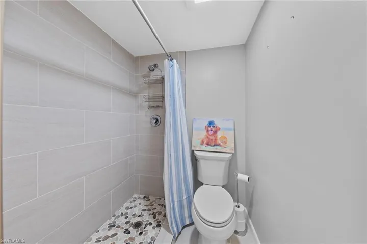 Bathroom with a shower with shower curtain and toilet