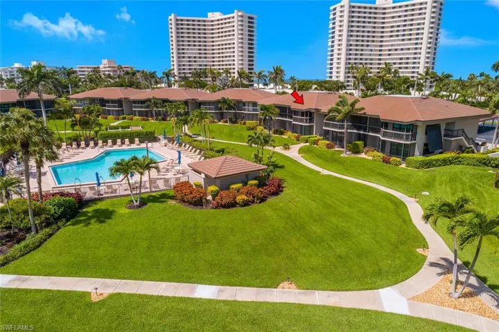 Bird's eye view of a pool area