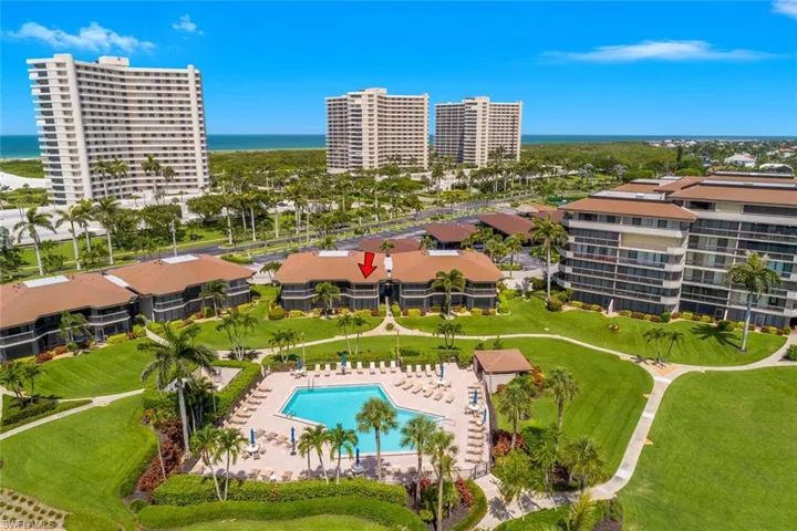Bird's eye view of a large body of water and a pool