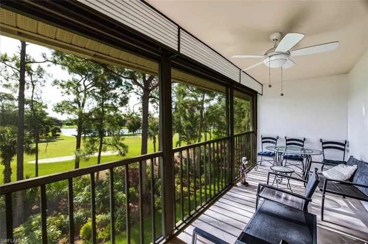 Balcony featuring ceiling fan