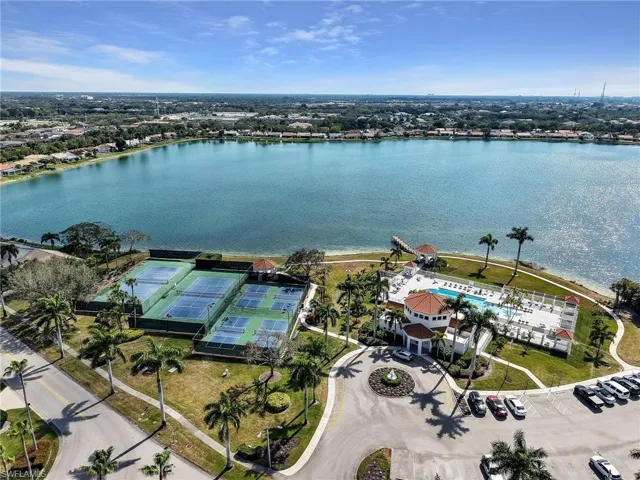 Aerial view of a nearby body of water