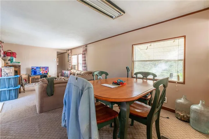 Dining space featuring light colored carpet
