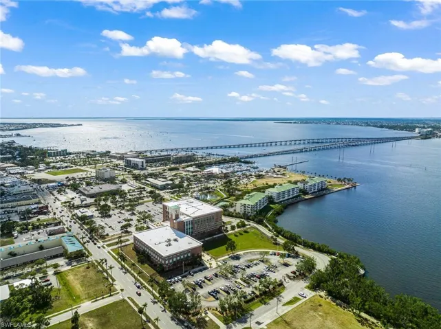 Drone / aerial view of a notable bridge and a nearby body of water