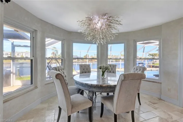 Dining area featuring a chandelier and a water view