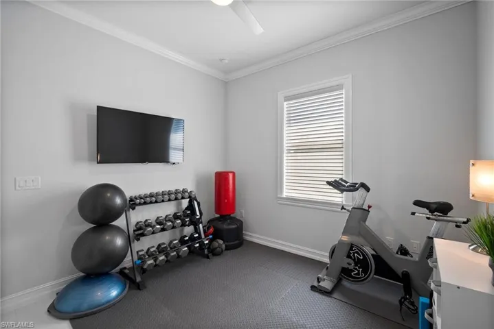 Exercise area featuring crown molding