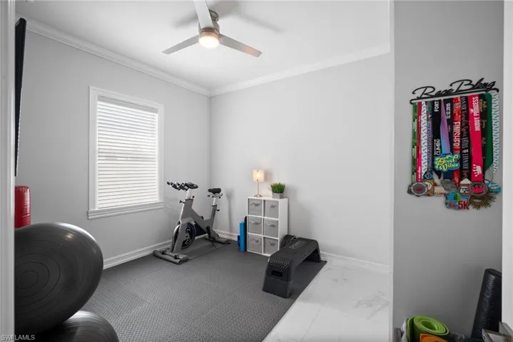 Exercise room featuring plenty of natural light, ornamental molding, and ceiling fan