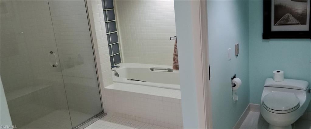 Separate tub and walk in shower with privacy toilet cubby