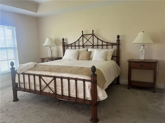Carpeted bedroom with a tray ceiling