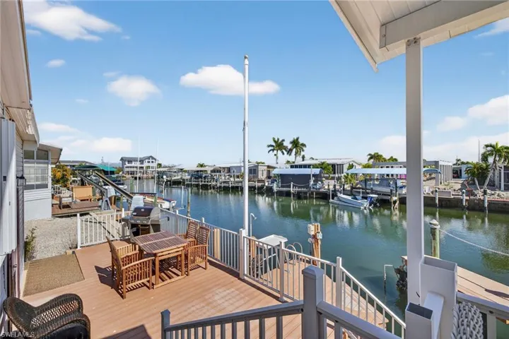 Dock with a deck with water view and outdoor dining area