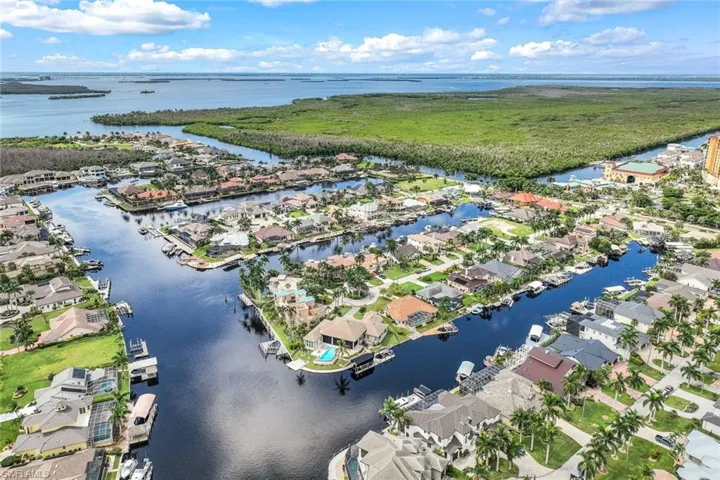 Birds eye view of property with a water view
