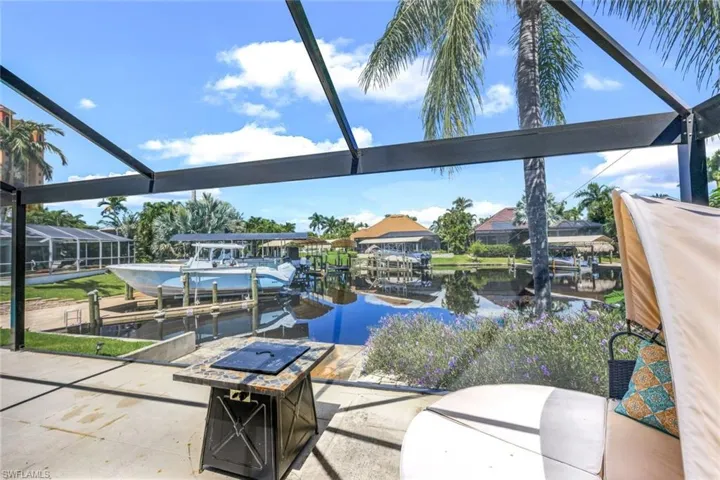 View of patio with glass enclosure, a dock, and a water view